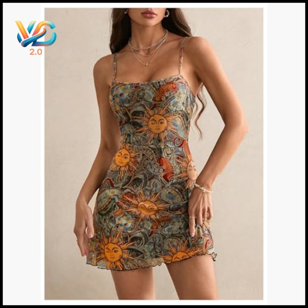 Spaghetti Strap Flared Mini Dress Polyester Blend… - image 5